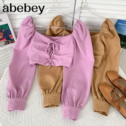 French Square collar Long Sleeve Shirt cross bandage high waist pleated solid color short Shirt Top 2021 New Spring Autumn