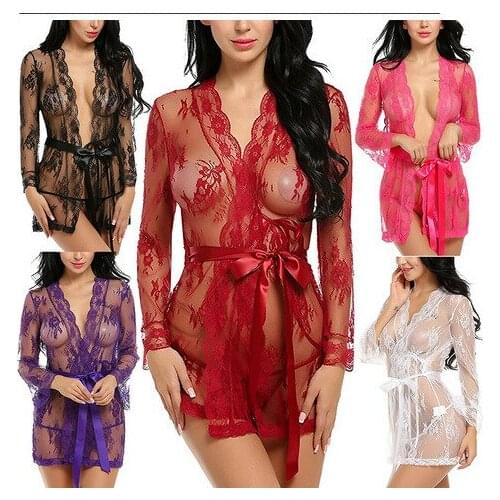 Sexy Lace See Though Robes for Womens Mini Nightgowns Bathrobe Plus Size Bridesmaid Robes Lingerie Porno Sleepwear Underwear