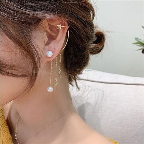 1 Pair Gold Long Punk Style Pearl Asymmetrical Star Tassel Earrings Ear Bone Clip Earrings Earing Jewelry