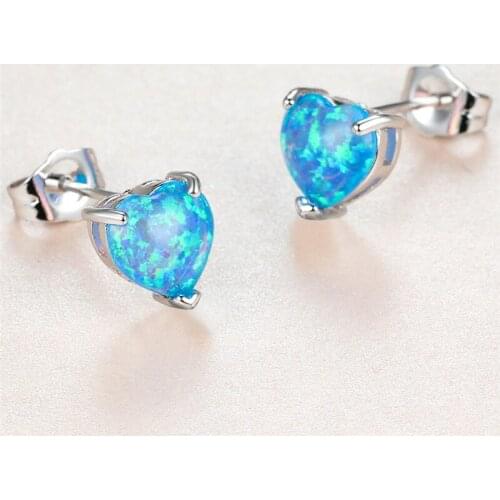 Vintage Female Blue Opal Stone Earrings Charm Silver Color Small Stud Earrings Dainty Love Heart Wedding Earrings For Women