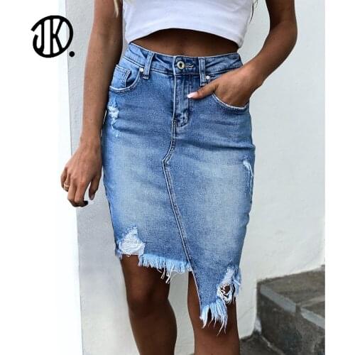 Women Mini Skirt Button Ripped Elastic Light-Colored Dress Washed Denim High Waist Skirt Half-Length Irregular Tassel Lady Skirt