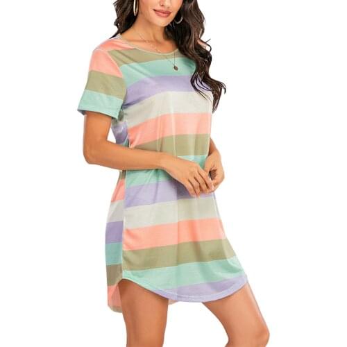 Women Round Neck Rainbow Stripe Printed Nightdress Round Neck Short Sleeve Casual Daily Loose Casual Large Size Nightdress S-5XL