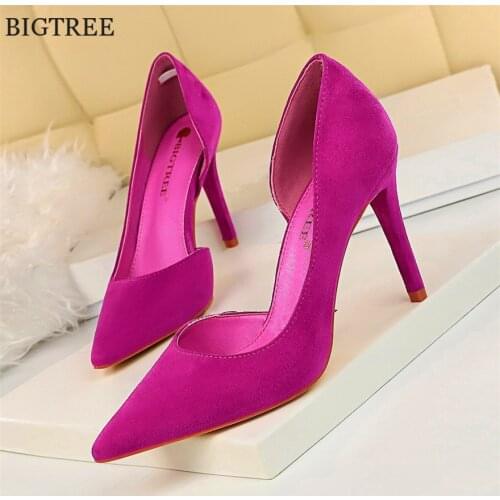 Concise Big 34-43 Woman Shoes Sexy Side Hollow Flock High Heels Women Pumps Purple Orange Shoes Ladies Office Shoes Pointed Toe