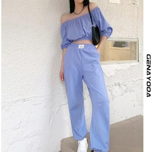 Genayooa Streetwear Two Piece Set Top And Pants Women Tracksuit Short Sleeve Off Shoulder Two Piece Outfits Korean Chic Summer