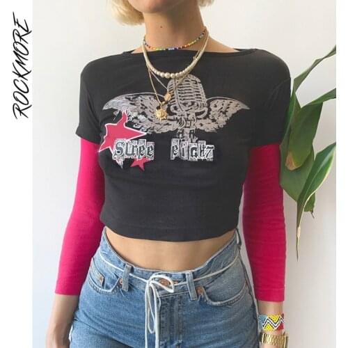 Rockmore Graphics Print Crop Top y2k Long Sleeve Patchwork T Shirt Aesthetic Goth Tee Autumn Women 90s Vintage T-shirt Fairycore