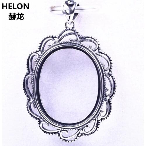 Wholesale Sterling Silver 925 Women Semi Mount Vintage Pendant Oval Cabochon 19x23mm Amber Agate Turquoise Fine Jewelry Setting