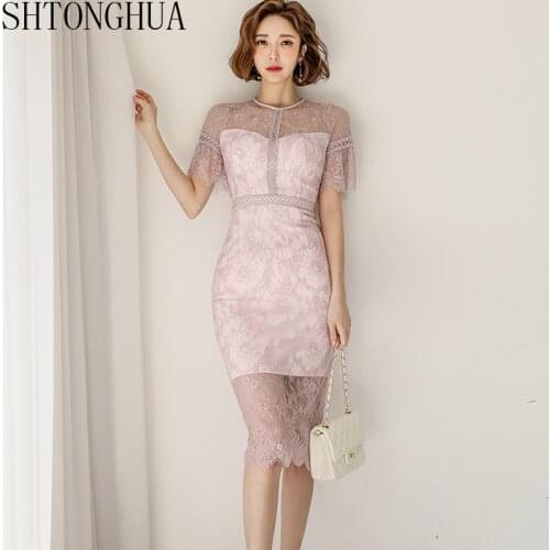 2020 Spring Summer Korean perspective Lace Bodycon pencil Dress Women Flare sleeve Sheath Dresses Office OL Work Party Vestidos