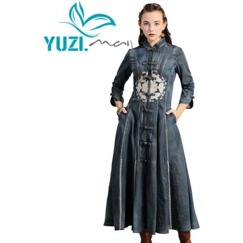 Dress Female 2019 Yuzi.may Boho New Denim Women Dresses Frog Knot Stand Collar Vintage Embroidery Vestidos A82186 Vestido