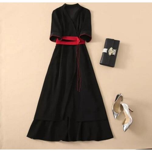 Black Long Dress 2021 Summer Party Evening Women V-Neck Red Belt Patchwork Half Sleeve Elegant Long Maxi Dress Red Carpet Lady