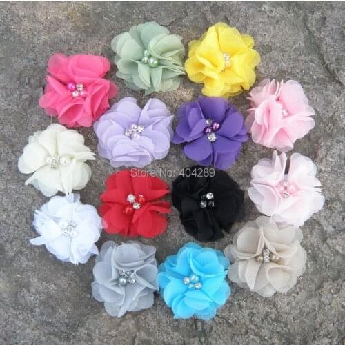 2 inch,140pcs Chiffon Flowers,Two Pearl Two Rhinestone Flower,Beaded Flower,Free Shipping