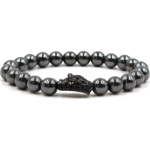 8mm uk3 silver gold copper Leopard head micro pave cz zircon cubic zirconia Bracelet hematite bead Buddha Yoga Bangles