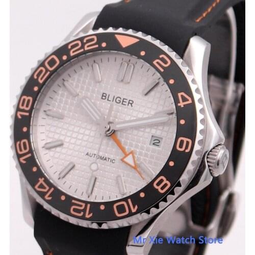 Bliger 41mm White Dial Automatic Mechanical Mens GMT Watch Luminous Waterproof Military Calendar Clock Wristwatch Men