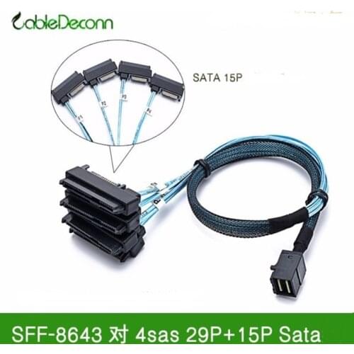 Cabledeconn Internal Mini SAS SFF-8643 to (4) 29pin SFF-8482 Connectors with SATA Power Cable 1M