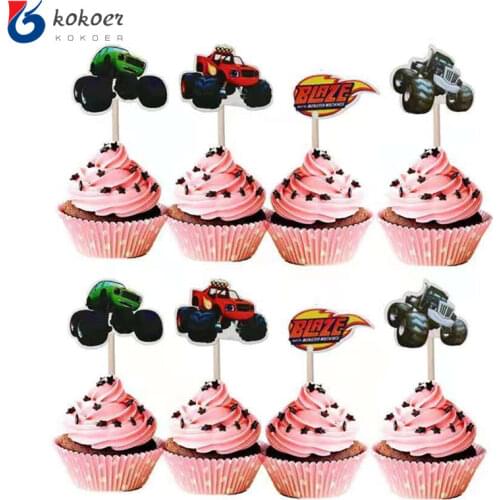 24pcs/lot Birthday Party Decorate Blaze Machines Theme Cupcake Toppers with Sticks Baby Shower Boys Favors Cake Toppe