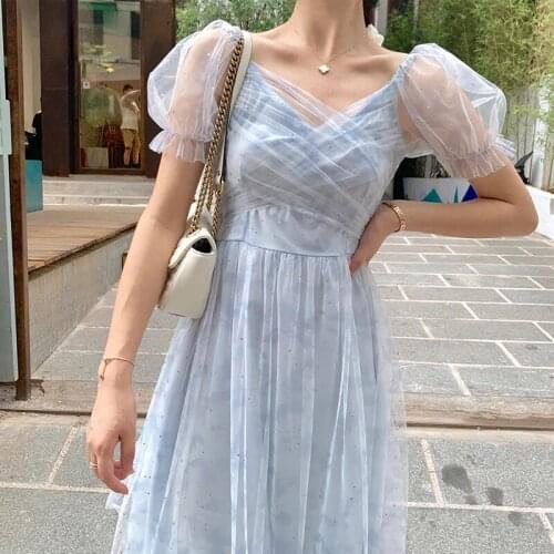 Hstar Korean Party Beach Dress Sweet Chic 2021 Summer V-neck Elegant Vintage Dress Women Short Sleeve Chiffon One Piece Dress