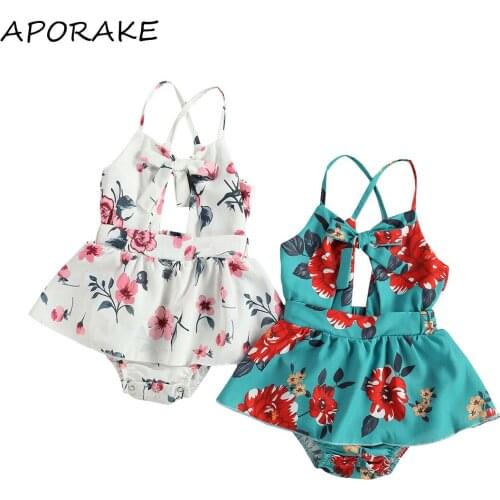 2021 0-24M Infant Baby Girl Jumpsuit Dress Summer New Bow Floral Print Sleeveless Hollow Sleeveless Tutu Romper Holiday Outfit