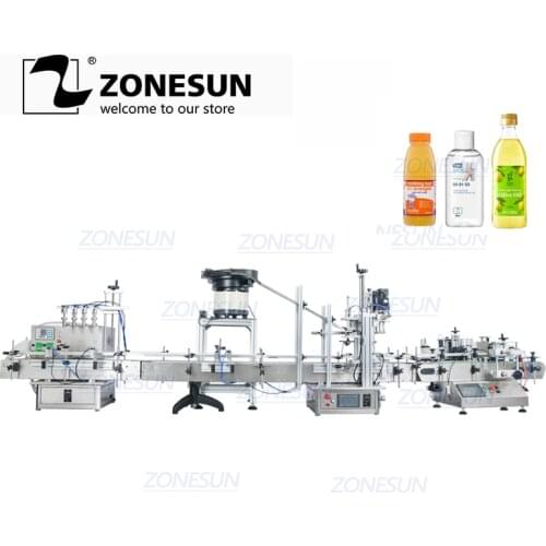 ZONESUN Desktop Full Automatic 4 Nozzle Ink Gel Liquid Round PET Bottle Filling Capping Labeling Machine Line With Cap Feeder