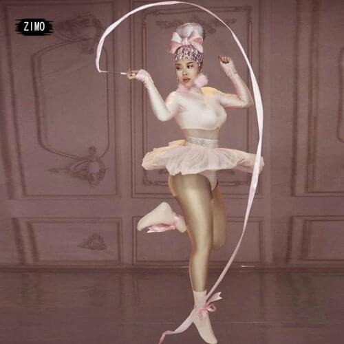 Lovely pink Rhinestone Stage Bodysuit Women Tutu Skirt Headwear and skirt jacket Dancer Nightclub Dj Singer Costume stage outfit