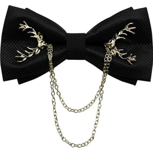 British Mens Wedding Bow Tie Solid Color Deer Head Chain Double Layer Korean Business Banquet Cocktail Party Suit Groom Bowtie
