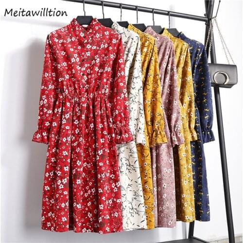 2020 Autumn Winter Women Long Sleeve Corduroy Dress Casual Elastic Waist Stand Neck Floral Party Dress Female Dress Vestidos