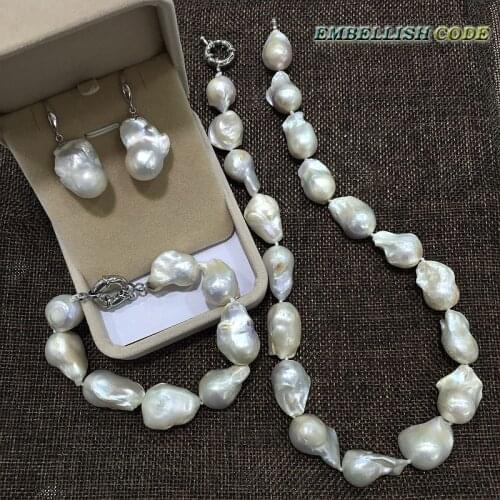 Necklace bracelet hook earrings set large size baroque or Irregular white nucleated flameball shape Freshwater pearl Special