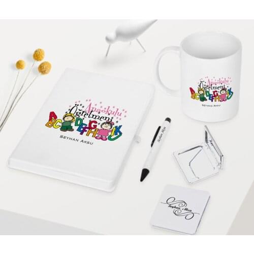Personalized Nursery School Teacher Themed White Notebook Pen Cup Mirror Set-4
