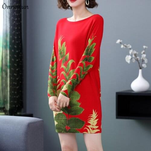 Print Long Sweater Dress Autumn Casual Long Sleeve Pullovers Knitwear Jumper Plus Size Pull Elasticity Sweater For Women