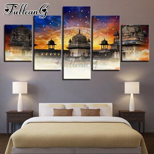 FULLCANG Night castle scenery 5 piece diy diamond painting full square round drill mosaic embroidery sale home decor FC2952