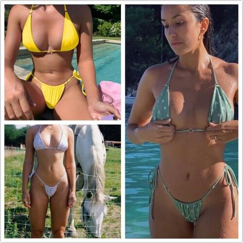 Sexy Triangle Brazilian Push Up Thong Bikinis Swimwear Women String Bandage Bikini Set Tied String Beach Bathing Suit Biquinis