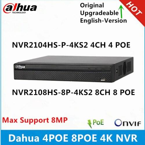 Dahua 4K NVR2104HS-P-4KS2 4CH 4Poe NVR2108HS-8P-4KS2 8CH 8 Poe Ports 1U Network Video Recorder max support 8MP resolution