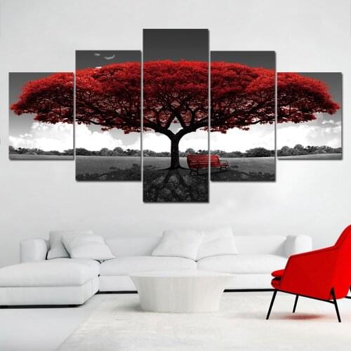 Modern Home Decor Red Romantic Tree Landscape Posters And Prints 5 Panels Wall Art Canvas Painting Wall Pictures For Living Room