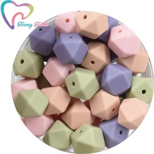 Teeny Teeth 50 PCS 14-17 MM 4 Colors Mix Sage Green Peach Candy Pink Silicone Hexagon BPA Free Loose Beads For DIY Pacifier Clip