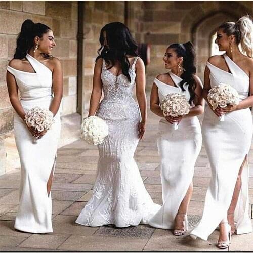 Gorgeous Custom Made Long Ivory One Shoulder Mermaid Women Wedding Guest Bridal Bridesmaid Dresses 2021