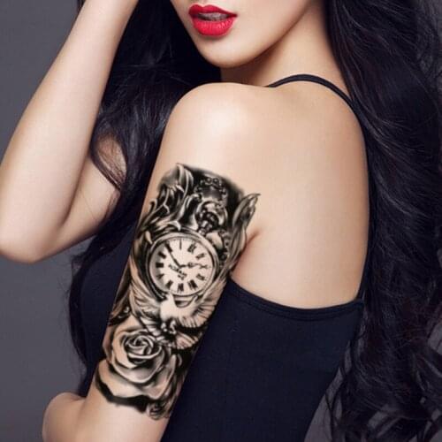 Temporary Tattoo Stickers Black Clock Peace Dove Feather Rose Totem Fake Tattoos Waterproof Tatoos Arm Large Size for Women Men