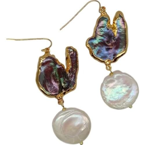 YYGEM Natural Black Keshi Pearl pave White Coin Freshwater Pearl Gold filled Hook Dangle Earrings luxury handmade for women