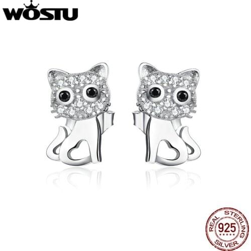 WOSTU Cute Cat Earrings 100% Real 925 Sterling Silver CZ Jewelry Little Kitty For Women Hot Fashion Jewelry Gift BKE797
