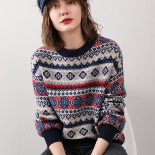 Zocept Fashion Merino Wool Knitted Sweater Womens Fair Isle Striped Jacquard O-Neck Street Wear Pullover Female Casual Jumpers