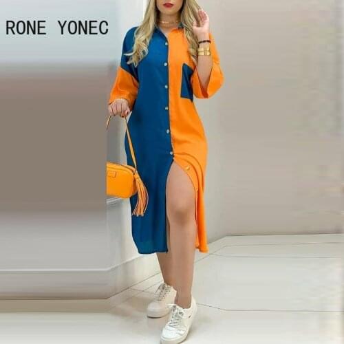 Women Elegant Dress Colorblock Button Design Shirt Dress Casual Dress Vacation Dress 2021