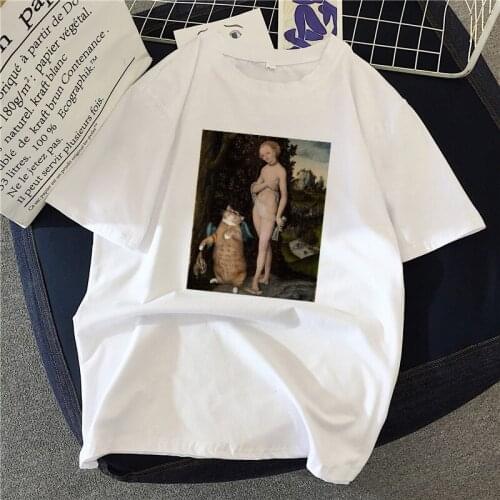 2020 Summer Women T-shirt Cat oil painting Printed Tshirts Casual Tops Tee Harajuku 90s Vintage White tshirt Female Clothing