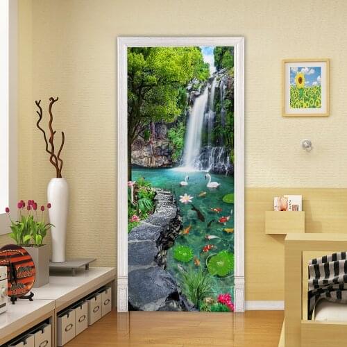 3D waterfall Water Pool Swan Fish Door Sticker Self Adhesive PVC Wallpaper Porch Corridor Decor Poster Home Design Wall Decals