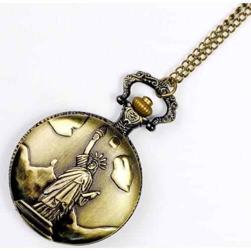 50pcs/lot Retro Bronze Statue of Liberty Quartz Pocket Watch Men Women Watches Necklace Fob Watches Wholesale