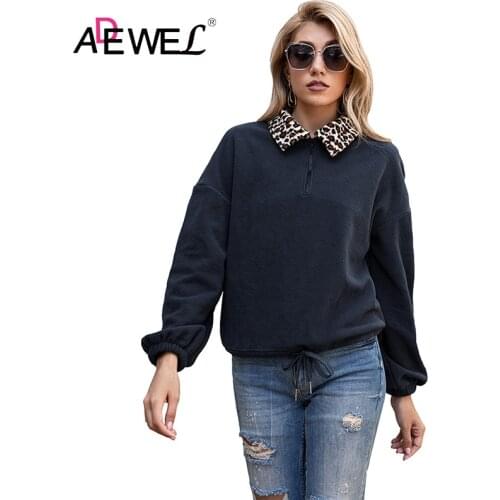 ADEWEL Autumn And Winter Zipper Polar Fleece Leopard Print Color Block Coat Plush Pullover Drawstring Hoodie Women Sweatshirt