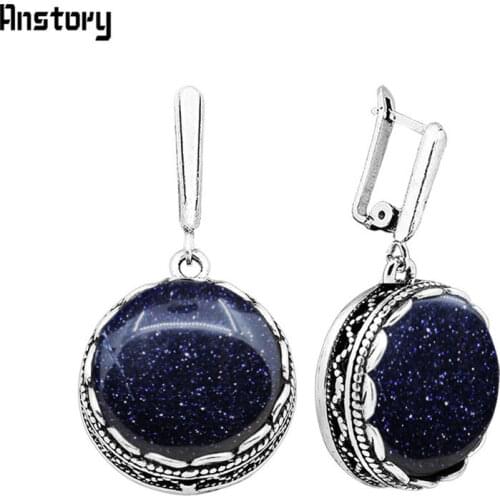 Anstory Round Dark Blue Sequins Stone Earrings For Women Antique Silver Plated Party Hollow Flower Pendant Fashion Jewelry TE352