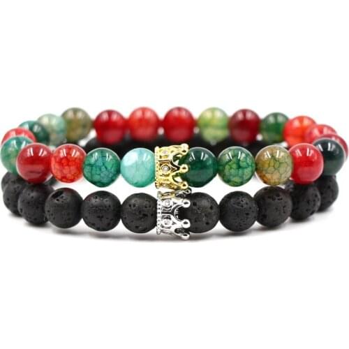 Fashion Multicolour Volcanic White Pine Stone Elastic Beads Bracelet Bangle Micro Inset Zircon Crown Jewelry for Women Men