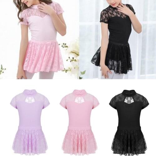 Kids Girls Short Sleeves Ballerina Costumes Floral Lace Splice Cutout Back Ballet Dance Wear Gymnastics Leotard with Lace Skirt