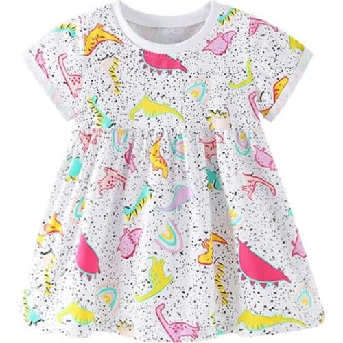 Jumping Meters Breathable Girls with Cute Dinosaur Doodle Pattern Cotton Kids Summer Sling Short Sleeve Dress for Casual Skirt
