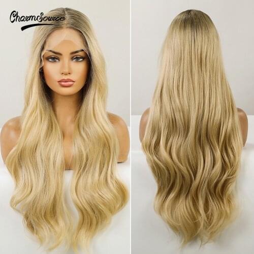 CharmSource Long Natural Wavy Wig Brown Ombre Blonde Lace Front Synthetic Wigs for White Women Daily Wedding Hair High Density