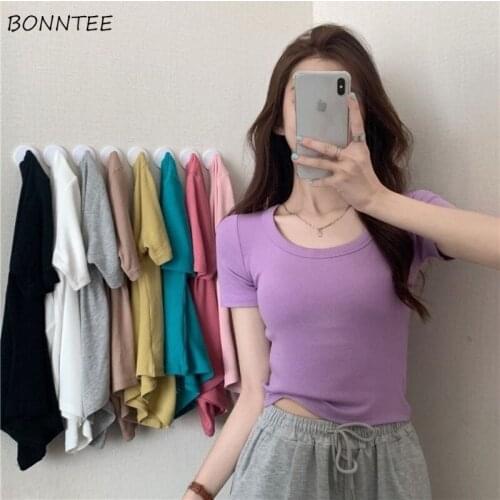 T-Shirts Women 8 Colors Solid Simple Skinny Leisure All-match Summer Hot Tees Mujer Sexy Clothing College Basic Teens Retro Cozy