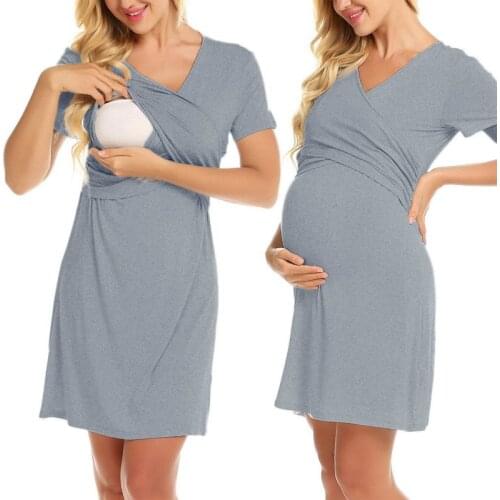 Maternity Nursing Dress Summer Pregnant Dress Cotton V Collar Solid Color Tops Pregnancy T Shirt Dresses for Breast-feeding