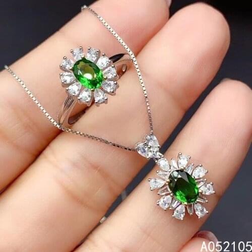 KJJEAXCMY fine jewelry 925 sterling silver inlaid Natural diopside women vintage fresh flower OL style gem pendant ring set supp